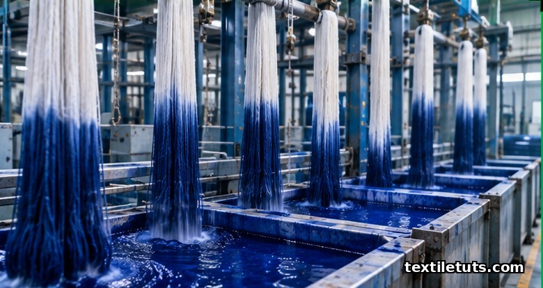 Rope dyeing range with deep indigo dye vats and warp yarn ropes hanging in oxidation loops between dips inside a denim mill.