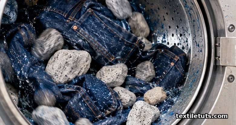 Pumice stones tumbling with dark indigo denim inside an industrial washing machine drum during a stone wash cycle.