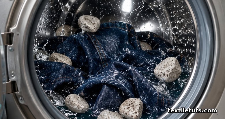 Industrial washing machine drum interior with dark indigo denim garments tumbling together with rough pumice stones.