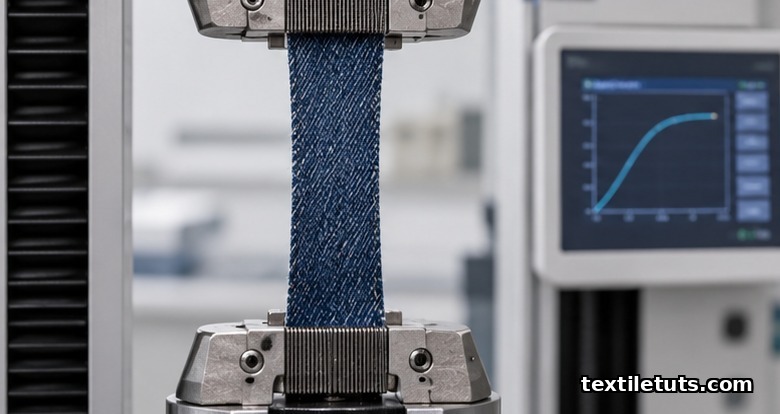 Denim specimen clamped in a grab tensile testing machine for ASTM D5034 strength measurement.