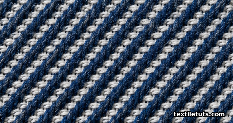 Ultra-macro view of3/1 right-hand twill denim weave showing indigo warp yarns floating over off-white cotton weft.