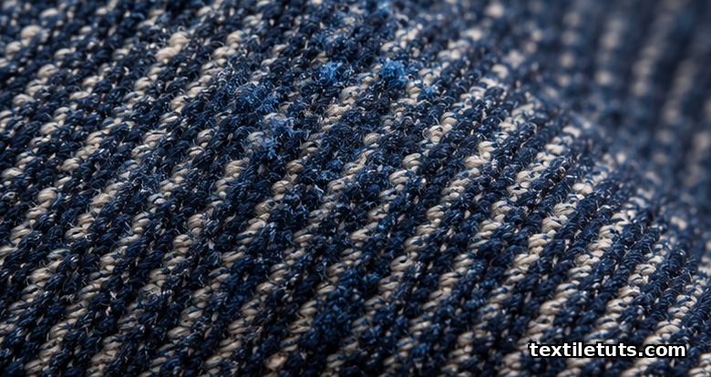 Macro close-up of indigo denim twill weave showing dyed warp yarns and lighter undyed weft threads under raking light.