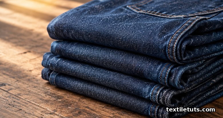 Stacked folded indigo denim jeans on a rustic wooden surface showing diagonal twill weave and natural fading along fold edges.