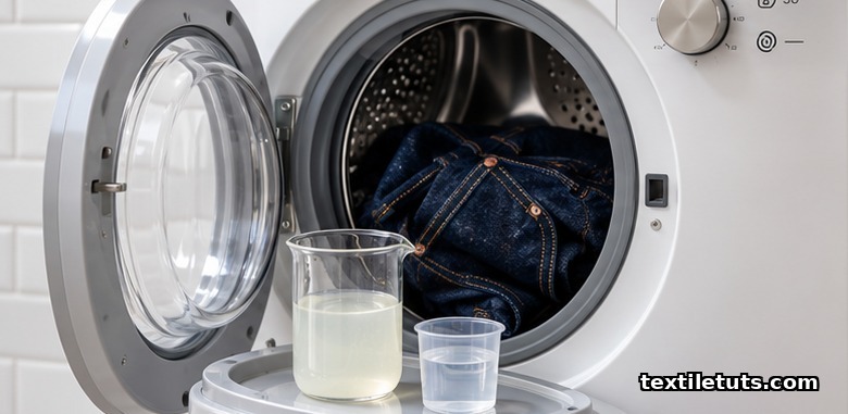 Inside-out indigo jeans in a front-loading washing machine with a beaker of neutral-pH liquid detergent set to a30 degree gentle cycle.