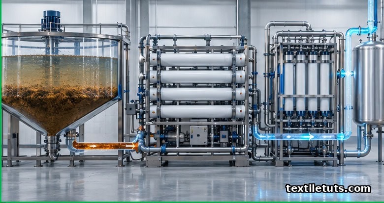 Modern denim-mill water recycling train with clarifier, ultrafiltration membrane skid, and reverse osmosis rack feeding a permeate tank.