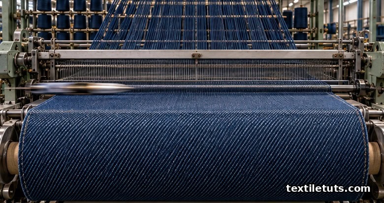 Industrial projectile loom weaving indigo warp and undyed weft into 3/1 right-hand twill denim fabric with a finished roll winding at the front.