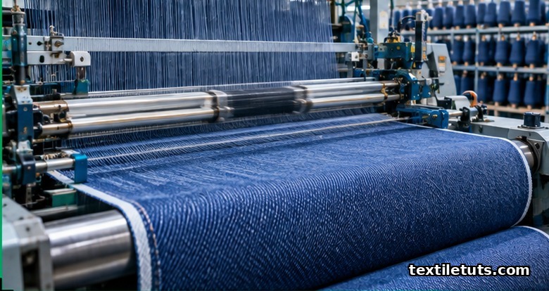 Modern rapier loom weaving 3/1 right-hand twill denim, showing the diagonal twill pattern on the emerging cloth roll.