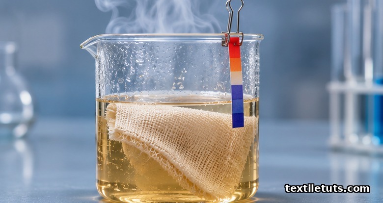 Greige cotton fabric submerged in a warm dilute sulfuric acid bath with a litmus indicator showing low pH