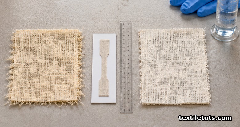 Side-by-side comparison of cotton swatches after acid versus enzymatic desizing on a flat-lay workbench