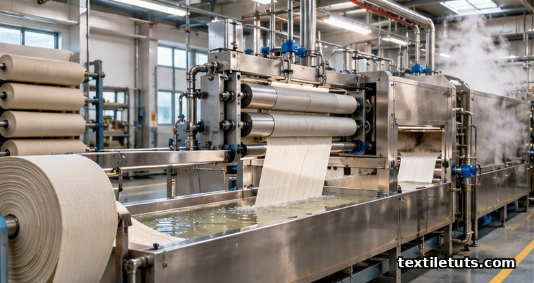 Greige cotton fabric feed rolls entering a continuous pad-steam desizing range in an industrial textile mill