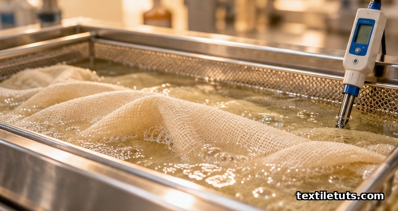 Greige cotton fabric resting in a near-neutral alpha-amylase enzyme bath with a digital pH meter probe