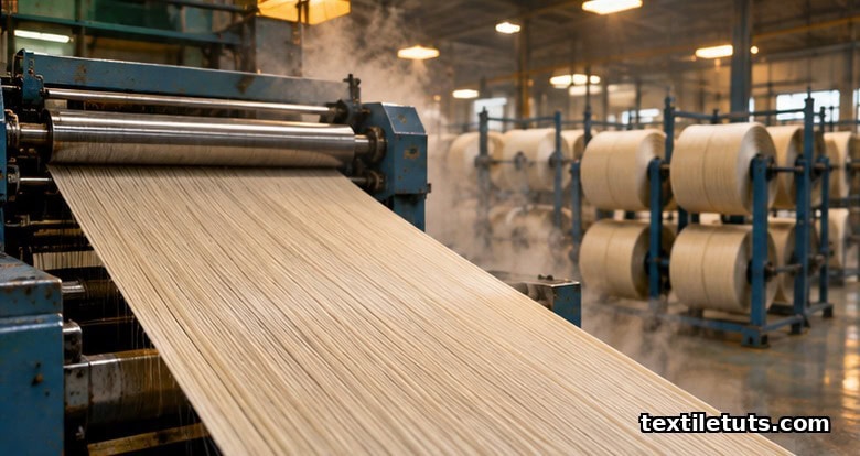 Cotton warp yarn sheet coated with starch size film coming off an industrial sizing machine in a textile mill.