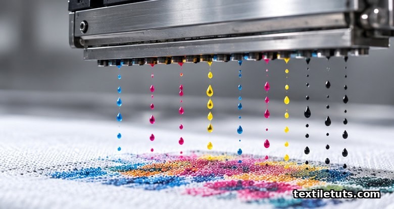 Industrial inkjet print head ejecting fine colored droplets onto white cotton fabric in macro close-up