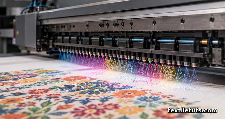Close-up of digital inkjet print heads jetting cyan, magenta, and yellow ink droplets onto white cotton fabric inside a textile printer.
