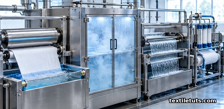 Textile mill wet-processing line showing pre-treatment padding, steam fixation, rinse baths, and print head flushing.