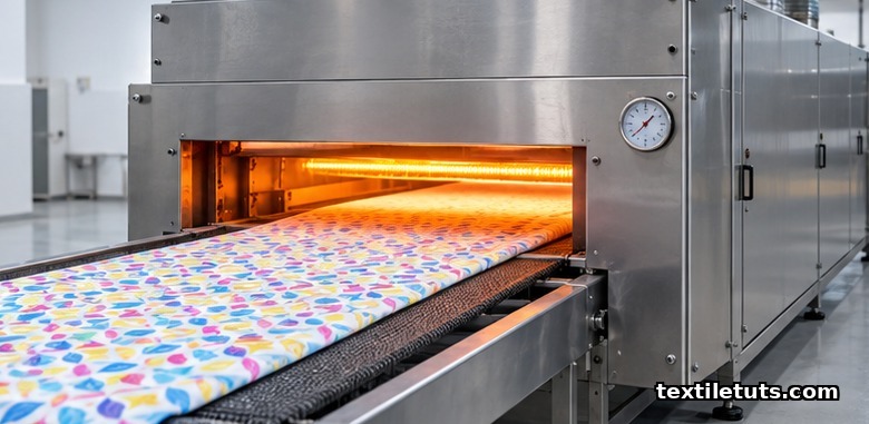 Pigment-printed cotton fabric entering a hot-air thermal curing oven for dry fixation without soaping-off wash.