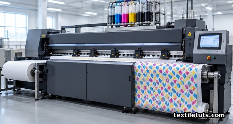 Digital textile printing line with a single-pass inkjet print bar replacing rotary screens, reducing process water.