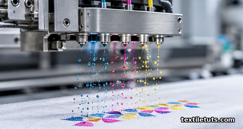 Piezoelectric inkjet print head firing colored droplets onto pre-treated cotton fabric for digital textile printing.