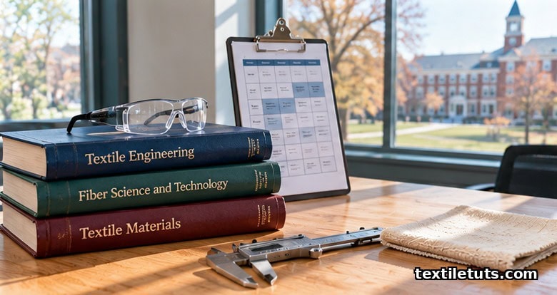 Textile engineering textbooks and tools on a workbench, with a US university campus visible through a classroom window.