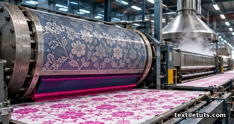 Industrial rotary screen printing line depositing reactive dye paste through engraved mesh onto bleached white cotton on a conveyor.