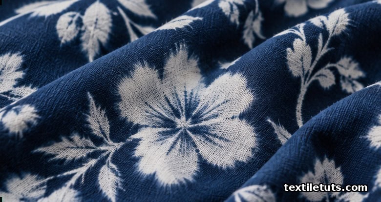 Close-up of deep navy fabric with crisp white floral discharge-printed motifs showing soft diffused edges and the signature light-on-dark effect.