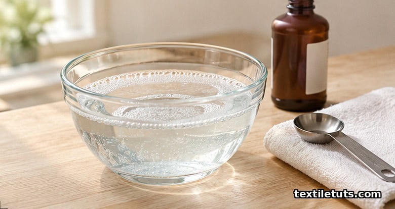 Clear dish soap and hydrogen peroxide mixed in a small glass bowl on a pale wooden countertop.
