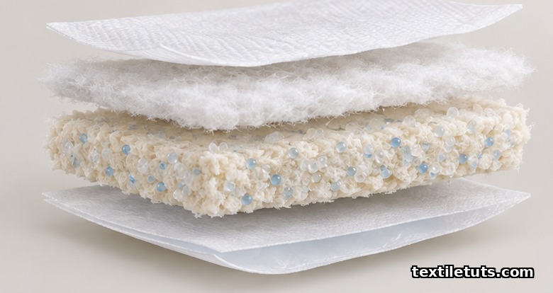 Exploded cross-section of a disposable baby diaper showing topsheet, acquisition layer, absorbent core, and back sheet.