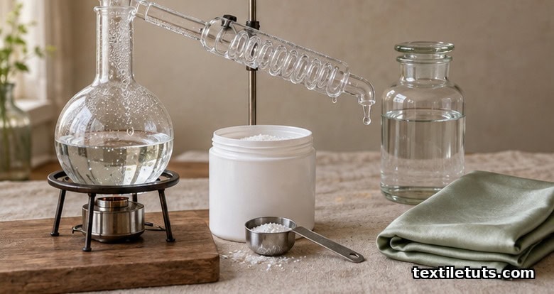 Glass distillation flask with coiled condenser beside a tub of sodium hexametaphosphate softener and sage-dyed silk