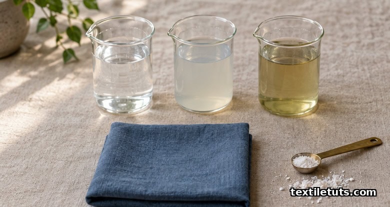 Three glass beakers of distilled, tap, and spring water beside a folded naturally-dyed cotton swatch on linen