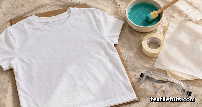 DIY workspace with white t-shirt on cardboard, paint pot, masking tape, and safety goggles on drop cloth