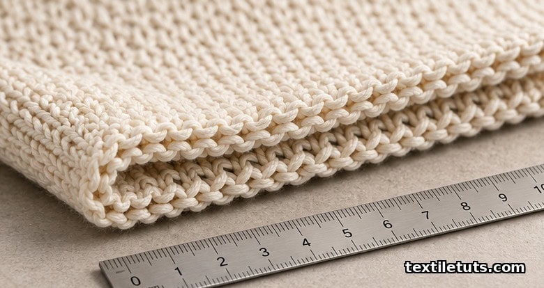 Macro close-up of double knit fabric showing two interlocked yarn layers and uniform stitch structure with a ruler for scale.