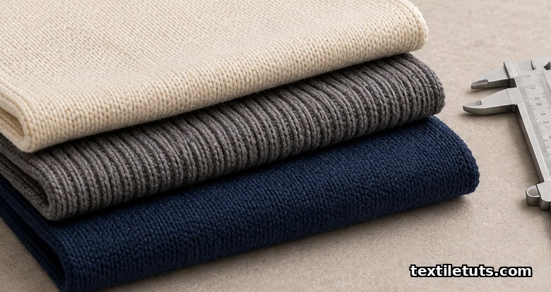 Stacked double knit fabric swatches of interlock, rib, and punto di Roma illustrating thickness and weight differences.