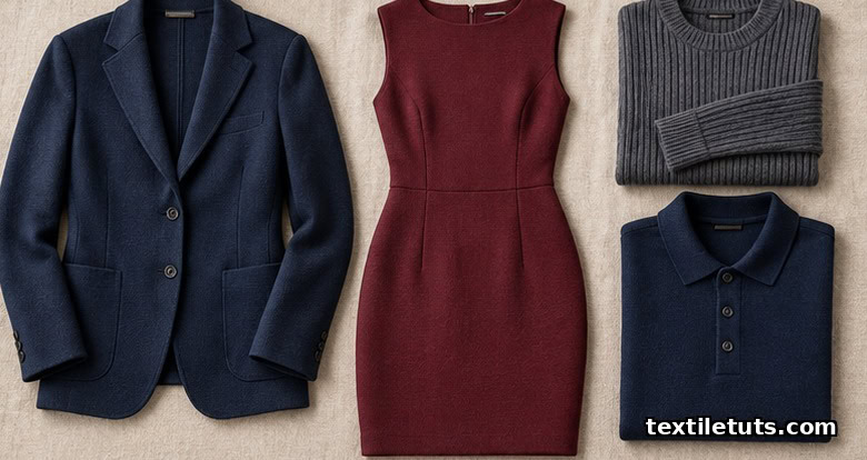 Flat-lay of a navy knit blazer, burgundy sheath dress, ribbed cuff, and polo made from double knit fabric.