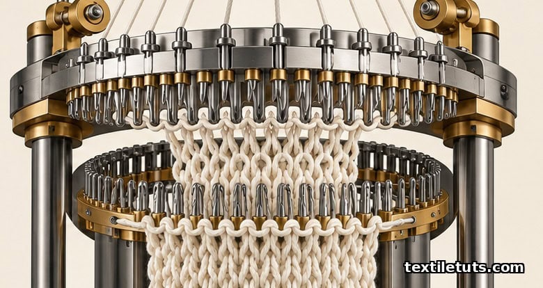 Cross-section of a circular knitting machine showing cylinder and dial needles forming interlocked double knit loops.