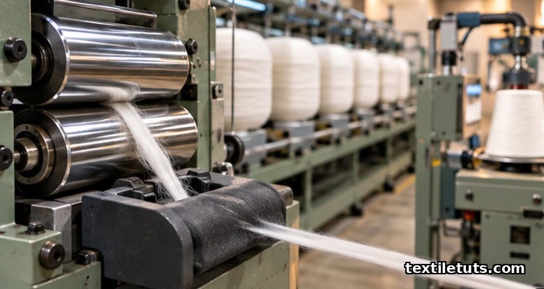 Close-up of drafting rollers gripping a cotton roving sliver with roving bobbins and a winder behind.