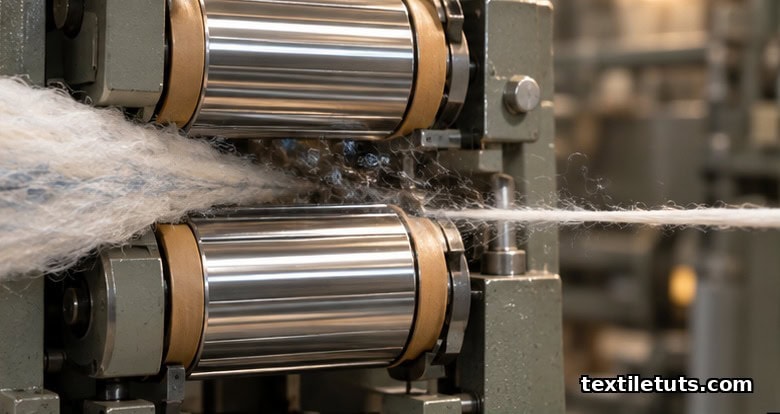 Close-up of drafting rollers on a ring-spinning frame with mixed cotton-polyester sliver passing through the front roller nip.