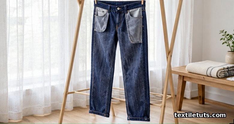 Inside-out indigo jeans hanging on a wooden drying rack indoors in soft indirect daylight, the recommended method to prevent fading and shrinkage.