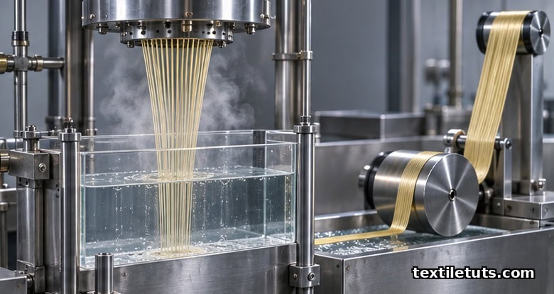 Dry-jet wet spinning column with spinneret, air gap and chilled coagulation bath for aramid yarn.