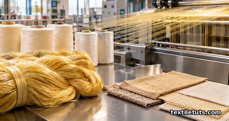 Aramid fiber manufacturing with golden Kevlar yarn bundles and white Nomex spools on a para-aramid polymer spinning line.