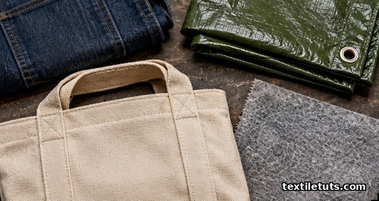 Flat-lay composition of high-tear-strength textiles including heavyweight denim, tarpaulin, canvas, and geotextile fabric on a workshop surface.