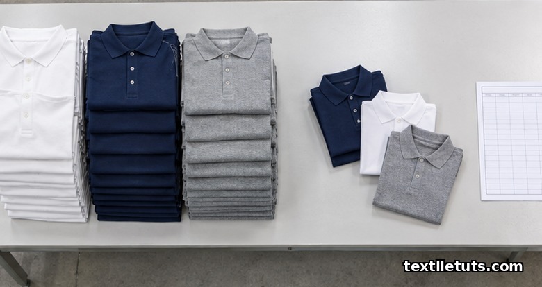 Top-down view of folded polo shirts on an inspection table with a random sample cluster pulled aside for AQL inspection.