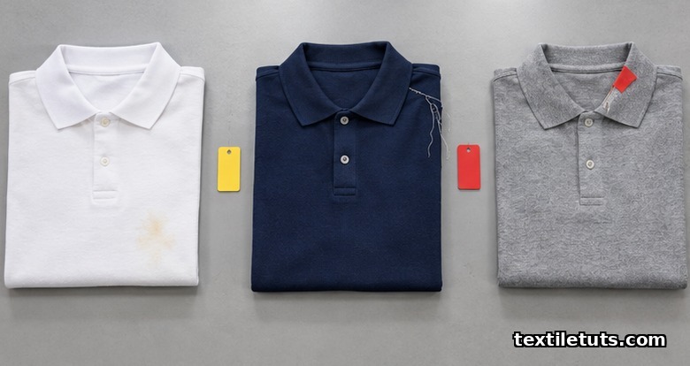 Three polo shirts arranged in a row showing minor stain, major broken seam, and critical defect tagged for classification.