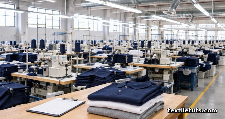 Wide shot of a textile factory sewing floor with an inspection table holding folded polo shirts and a clipboard for DPI checks.