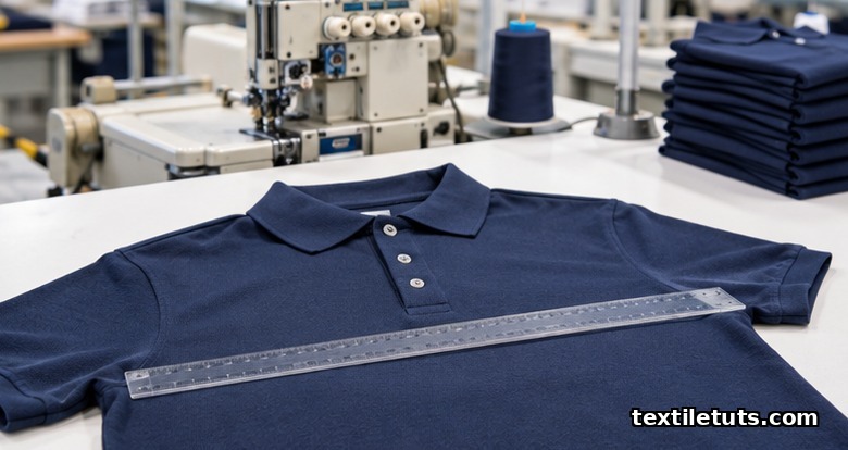 Close-up of a finished navy polo shirt on a white inspection table with a clear acrylic ruler measuring chest width.