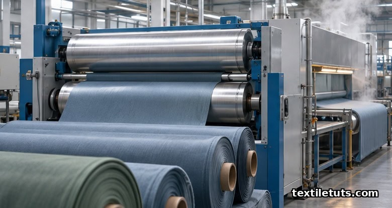 Continuous fabric bolt passing through industrial padding rollers in a textile finishing facility.