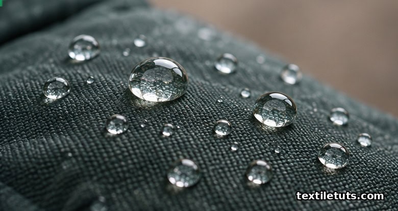 Spherical water droplets bead on woven outdoor jacket fabric, illustrating durable water repellent treatment.