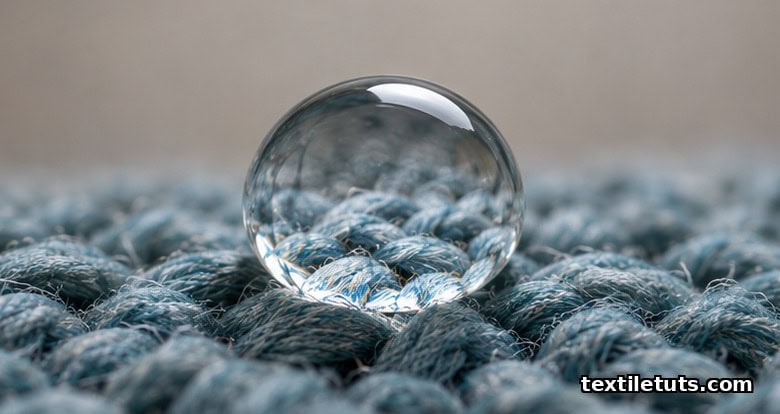 Extreme macro view of a single water droplet resting on textile fibers, illustrating the lotus effect.