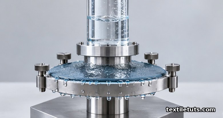 Hydrostatic head testing apparatus pressing a column of water against a clamped fabric sample.