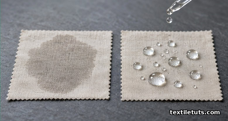 Side-by-side comparison of untreated fabric absorbing water versus DWR-treated fabric with tightly beaded spherical droplets.