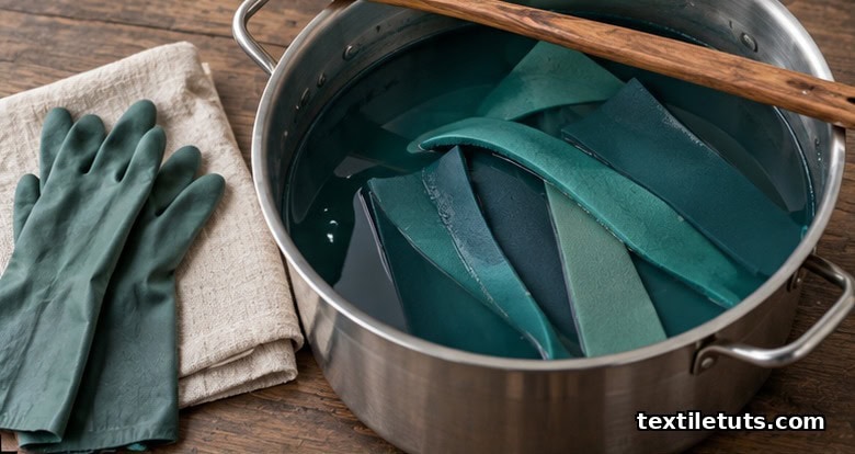 Overhead view of neoprene strips soaking in a stainless steel dye bath with a wooden stirring spoon and gloves nearby.